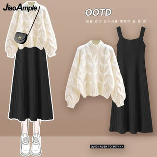 Knitted Sweater Strap Skirt Two Piece Korean Elegant Pullover Dress Suit Alodia Store