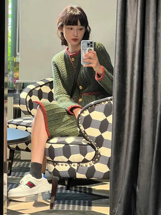 Two Peice Sets Vintage Knitted Cardigan Full  Elastic Waist  Knee-Length Skirt 2 Piece Set Luxury Alodia Store