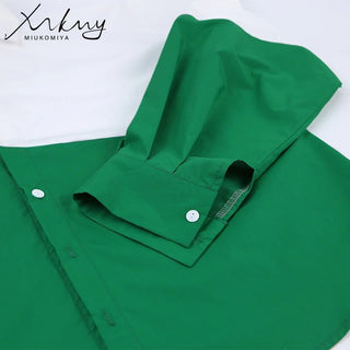 MiuKoMiYa Spring 2022 Womens Shirt Lapel Stitching Green Shirt Top Women LongSleeve White Top Cotton Shirt Alodia Store