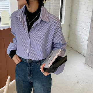 New Women's Simple Loose Tops with Pinstripes Loose Longsleeved Shirts Women Shirts  Button Up Shirt Korean Fashion Shirts Women Alodia Store