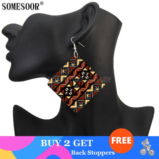 SOMESOOR Geometric African Fabric Style Bohemian Wooden Drop Earrings Afro Ethnic Square Pendant Dangle Jewelry For Women Gifts Alodia Store