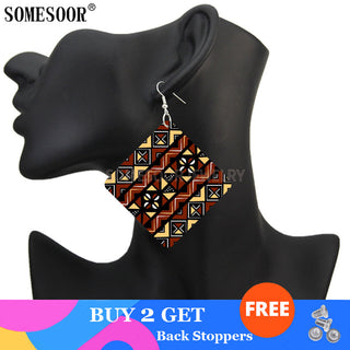 SOMESOOR Geometric African Fabric Style Bohemian Wooden Drop Earrings Afro Ethnic Square Pendant Dangle Jewelry For Women Gifts Alodia Store