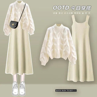 Knitted Sweater Strap Skirt Two Piece Korean Elegant Pullover Dress Suit Alodia Store