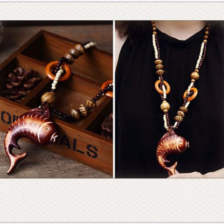 Boho Jewelry Ethnic Style Long Hand Made Bead Wood Elephant Pendant Necklace Sweater Chain For Women Fashion Neck Jewelry Gift Alodia Store