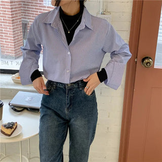 New Women's Simple Loose Tops with Pinstripes Loose Longsleeved Shirts Women Shirts  Button Up Shirt Korean Fashion Shirts Women Alodia Store