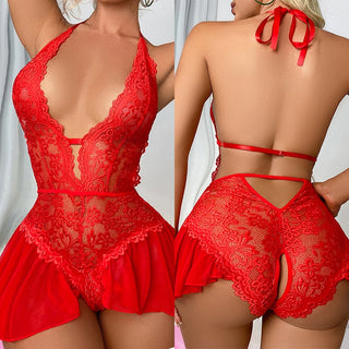 Sexy Crotchless White Underwear Women Lace Hollow Bra Set Erotic Costume Teddy Baby Doll Dress Deep V Open Bra Porn Lingerie Set Alodia Store