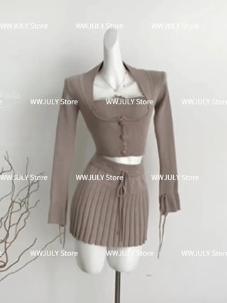 korean Grey Knitted Suit Woman Y2k Crop Tops Sweater Alodia Store