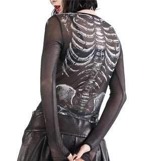 Gothic Punk Shirt 2000s Women Skeleton Pattern Round Neck Long Sleeve Crop Top Black Dark Academia Clothes y2k Tees Streetwear Alodia Store