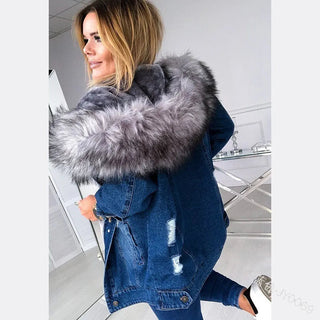 Fashion Hooded Big Fur Collar Denim Jacket Women Alodia Store