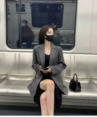 Gray Blazers Women Streetwear  Korean Style Alodia Store