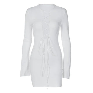INS 2023 Spring Fall Elegant Solid V-Neck Mini Dress Sexy Bandage Alodia Store