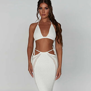 Mozision Hollow Out Knit Dress Set Women Lace-up Crop Top long skirt Alodia Store