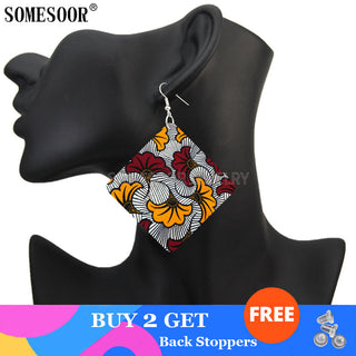 SOMESOOR Geometric African Fabric Style Bohemian Wooden Drop Earrings Afro Ethnic Square Pendant Dangle Jewelry For Women Gifts Alodia Store