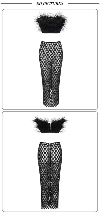 VC Two Piece Set For Women feather Summer 2023 Party Cropped Top And Long Skirt Alodia Store