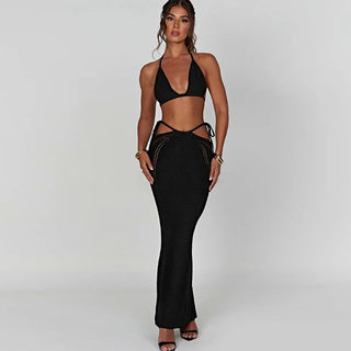 Mozision Hollow Out Knit Dress Set Women Lace-up Crop Top long skirt Alodia Store