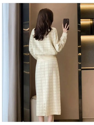 Elegant Half Turtleneck Plaid Sweaters Tops+slim High Waist Knitwear Skirts 2 Piece Alodia Store