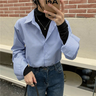 New Women's Simple Loose Tops with Pinstripes Loose Longsleeved Shirts Women Shirts  Button Up Shirt Korean Fashion Shirts Women Alodia Store