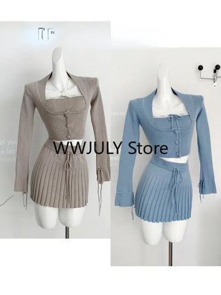 korean Grey Knitted Suit Woman Y2k Crop Tops Sweater Alodia Store