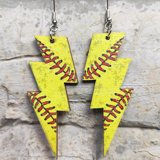 Laser Cutout Baseball Softball Sport Style Lightning Bolt Shape Wooden Dangle Earrings for Women Sproty Wood Charms Jewelry Alodia Store