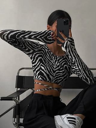 Sexy Backless Lace ups Pullover Tees Women Autumn Black O-neck Slim Longsleeve Short T-Shirt Alodia Store