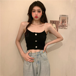 Knitted Ropa De Mujer Tank Solid Cami Y2k Crop Sexy Korean Women Fashion Halter Sleeveless Croptop Button White High Street Top alodia store