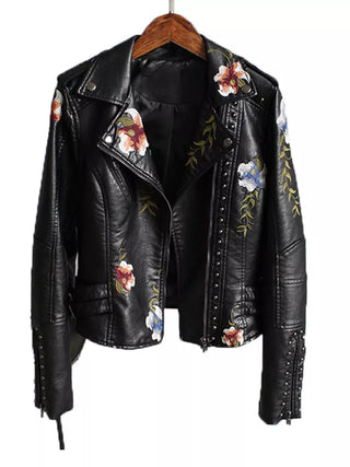 Ftlzz Women Floral Print Embroidery Faux Soft Leather Jacket Coat Alodia Store