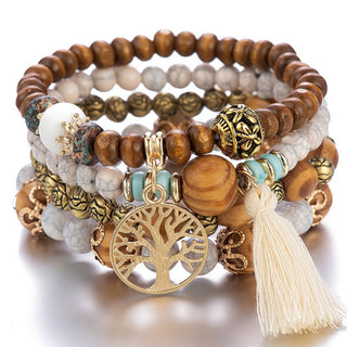 Mexico Bohemian Style Women Accessories Multi-Layer Wooden Beaded Bracelet Tree of Life Tassel Pendant Elastic Bracelet Jewelry Alodia Store