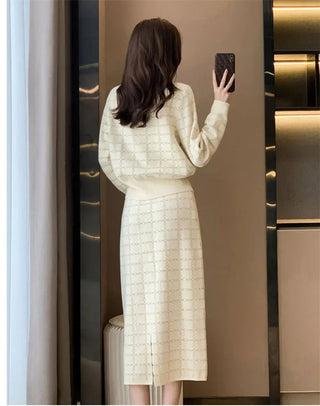 Elegant Half Turtleneck Plaid Sweaters Tops+slim High Waist Knitwear Skirts 2 Piece Alodia Store