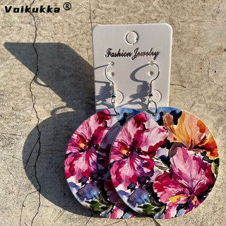 Voikukka Jewelry 6 CM Circle Floral Double-sided Printing Flowers Country Style Wooden Pendant Drop Fashion Earrings For Women Alodia Store