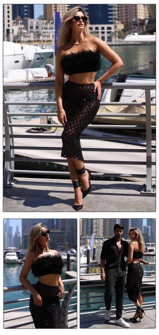 VC Two Piece Set For Women feather Summer 2023 Party Cropped Top And Long Skirt Alodia Store