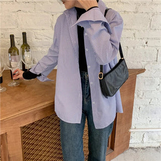 New Women's Simple Loose Tops with Pinstripes Loose Longsleeved Shirts Women Shirts  Button Up Shirt Korean Fashion Shirts Women Alodia Store