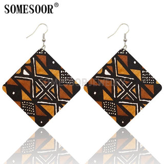 SOMESOOR Geometric African Fabric Style Bohemian Wooden Drop Earrings Afro Ethnic Square Pendant Dangle Jewelry For Women Gifts Alodia Store