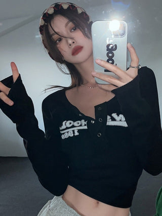 Retro Graffiti Print Elastic Long Sleeve T-Shirt ALODIA STORE