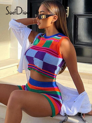 Knitted Contrast Color Crop Tank Top and Shorts ALODIA STORE