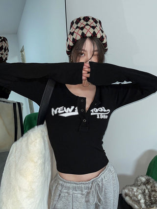 Retro Graffiti Print Elastic Long Sleeve T-Shirt ALODIA STORE