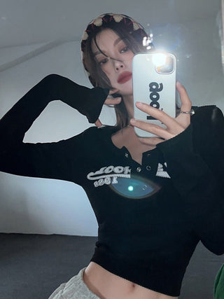 Retro Graffiti Print Elastic Long Sleeve T-Shirt ALODIA STORE