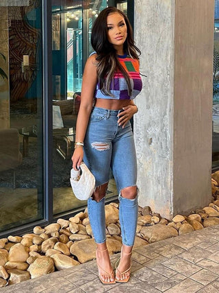 Knitted Contrast Color Crop Tank Top and Shorts ALODIA STORE