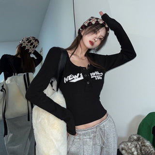Retro Graffiti Print Elastic Long Sleeve T-Shirt ALODIA STORE