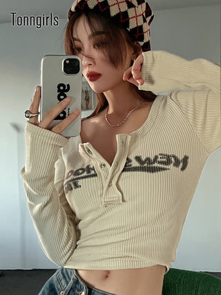 Retro Graffiti Print Elastic Long Sleeve T-Shirt ALODIA STORE
