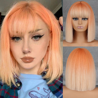 Short straight orange wig with bangs synthetic fiber wig African American white female cosplay/party/daily wig ALODIA STORE