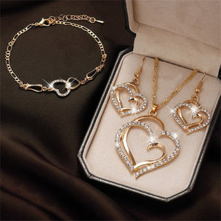 Exquisite Double Heart Necklace Earrings Bracelet Jewelry Set Charm Ladies Jewelry Fashion Bridal Accessory Set Romantic Gifts ALODIA STORE