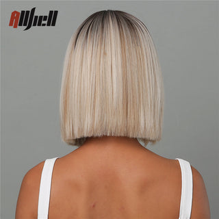 Ombre Brown Platinum Blonde Synthetic Wigs Short Straight Bob Wigs for Black Women Daily Natural Heat Resistant Hair Cosplay ALODIA STORE