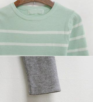 Fresh mint color Korean round neck stripe contrast knit bag hip dress knitting Cotton  Office Lady  Sheath  Knee-Length ALODIA STORE