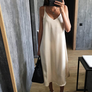 Spring summer Woman Tank Dress Casual Satin Sexy Camisole Elastic Female Home Beach Dresses v-neck camis sexy dress ALODIA STORE