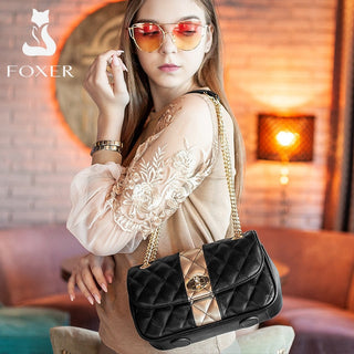 FOXER Women Crossbody Shoulder Bag Diamond Lattice Handbag Lady Purse Split Leather Chain Strap Messenger Bag Valentine Day Gift ALODIA STORE