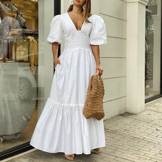 Summer Puff Shoulder Sexy Party Dress Spring Solid Button Long Shirt Dress Women Elegant Turn-down Collar Office Lady Maxi Dress ALODIA STORE