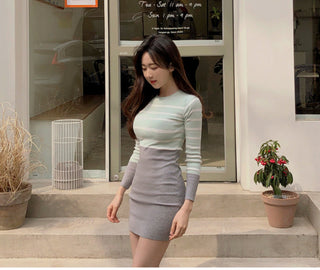 Fresh mint color Korean round neck stripe contrast knit bag hip dress knitting Cotton  Office Lady  Sheath  Knee-Length ALODIA STORE