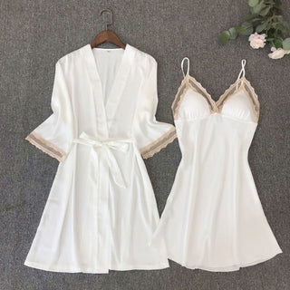Satin Robe Set Sexy Female Sleepwear Summer Kimono Bathrobe Lace Trim Bride Bridesmaid Dressing Gown Casual Nightgown ALODIA STORE