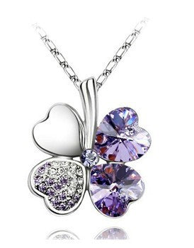 Fashion Jewelry Silver Color Austrian Crystal Necklace Four Leaf Leaves Clover Heart Rhinestones Pendant Necklace Jewelry ALODIA STORE