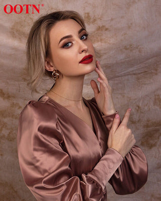 OOTN White Single Breasted Elegant Dress For Women Party Robe High Waist Satin Long Dress Chic Midi Dresses Lantern Sleeve ALODIA STORE